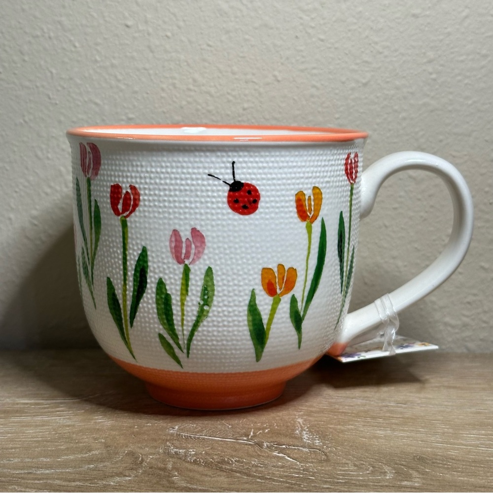 Petal & Pearl Lady Bug and FLORAL Coffee Tea Mug New In Orange